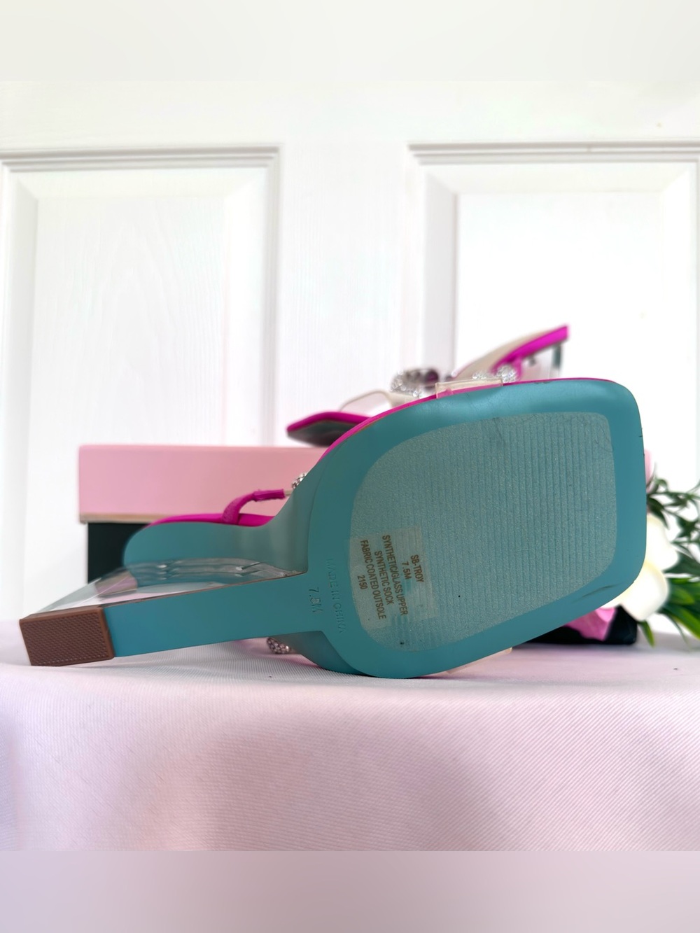 BETSEY JOHNSON ~ Pink Satin Acrylic Platform Shoes w/Silver Rhinestone Accents - Picture 7 of 12